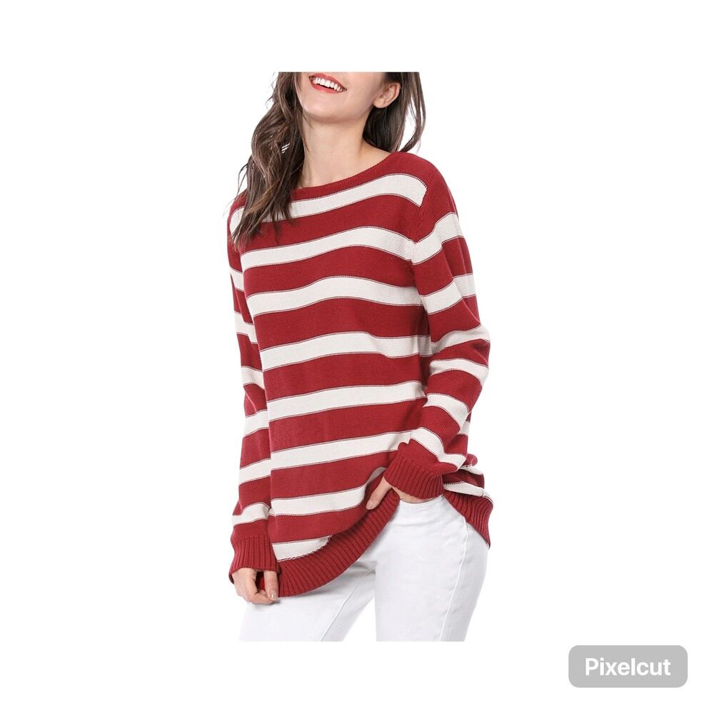 New Allegra K Size Medium Red and White Striped Tunic Sweater